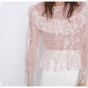 Zara Pink Sequin Ruffled Top Size Medium NWOT